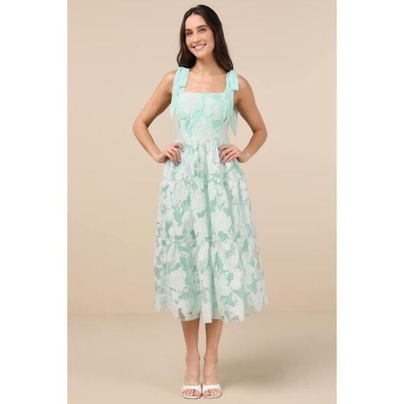 Lulus Proof Of Perfection Mint Green Floral Tiered Tie-strap Midi Dres - Size XL - Picture 1 of 2